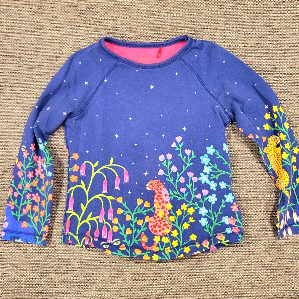 Oilily longsleeve t-shirt. Colorful nighttime jungle floral print w tiger 3T